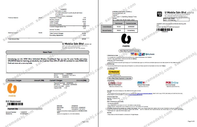 Malaysia U Mobile utility bill template in Word and PDF formats, 2 pages